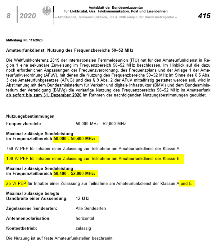 BNetzA Amtsblatt Mitteilung Nr. 111/2020