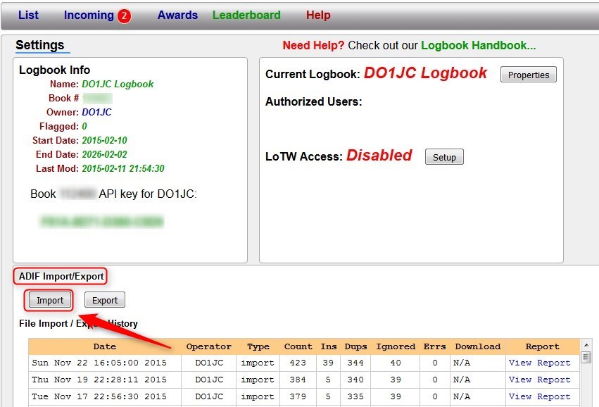QRZcom ADIF Import Logbuch