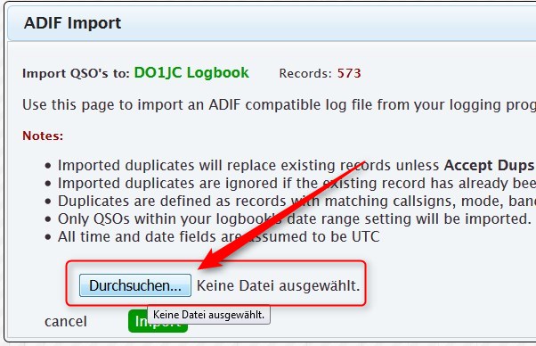 QRZcom ADIF Import Logbuch